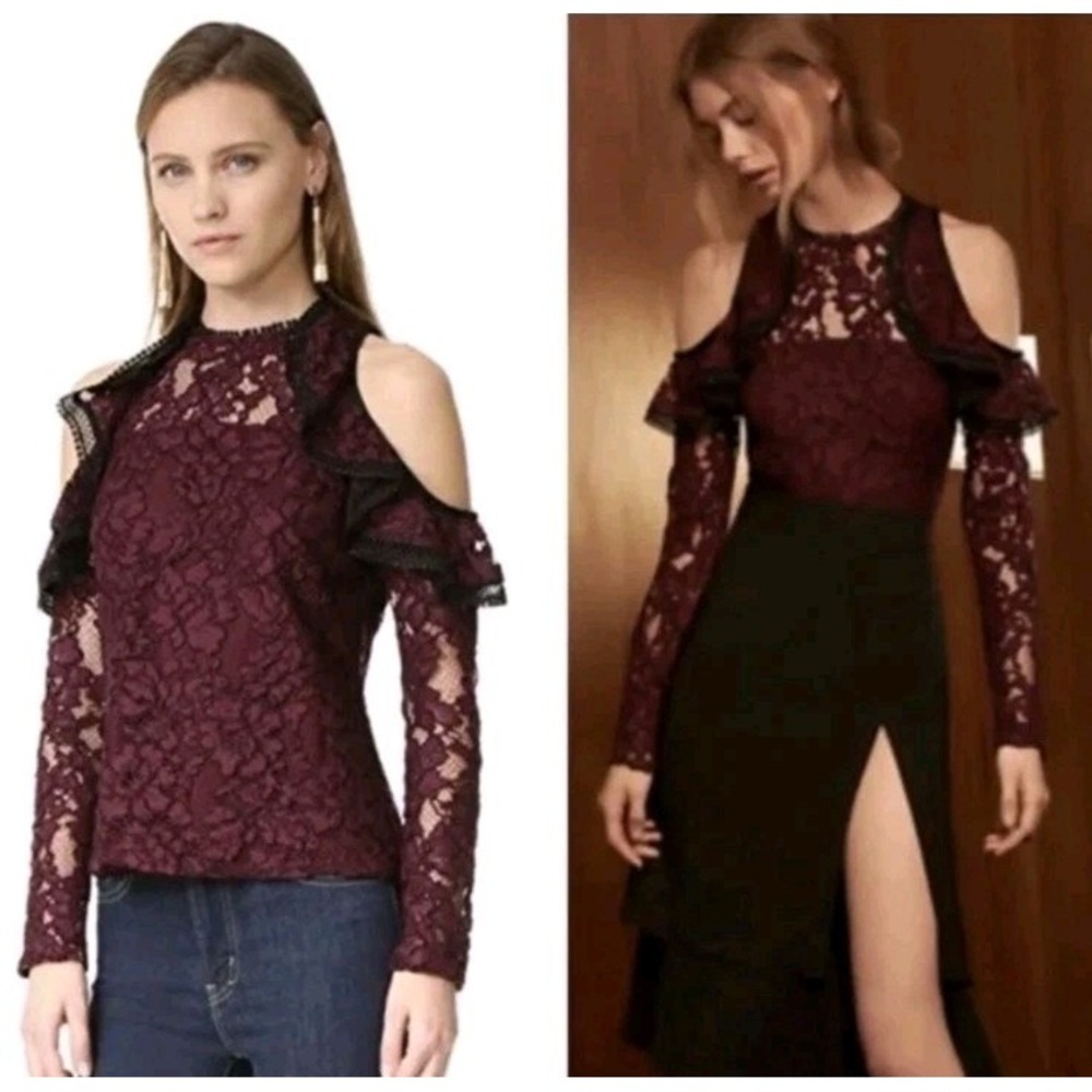 ALEXIS Millie Burgundy & Black‎ Lace Cold Shoulder Blouse top Small